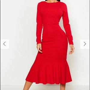 BooHoo Fishtail Long Sleeve Red Maxi Dress Size 8